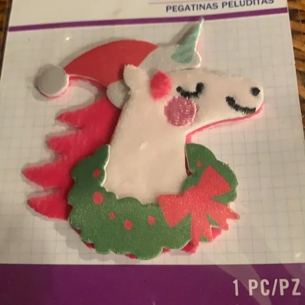 ⭐️ $1 if bundled STICKO Holiday Unicorn Fuzzy Sticker Unicorn with Santa hat NWT